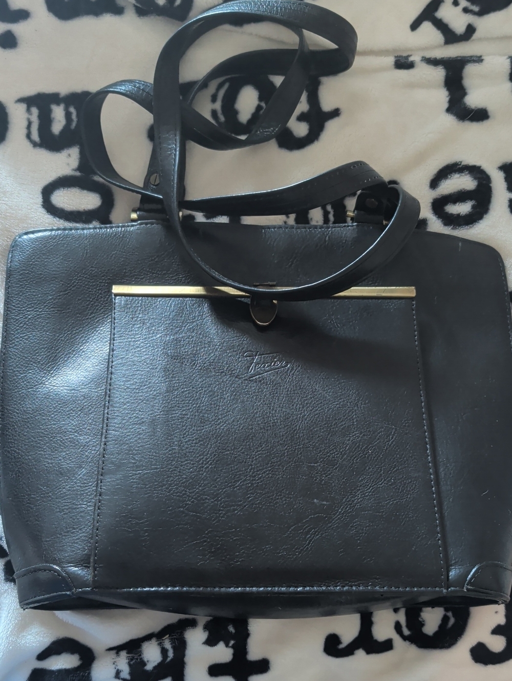 Vintage French Texier - Black Women's Shoulder Bag with Gold Accent